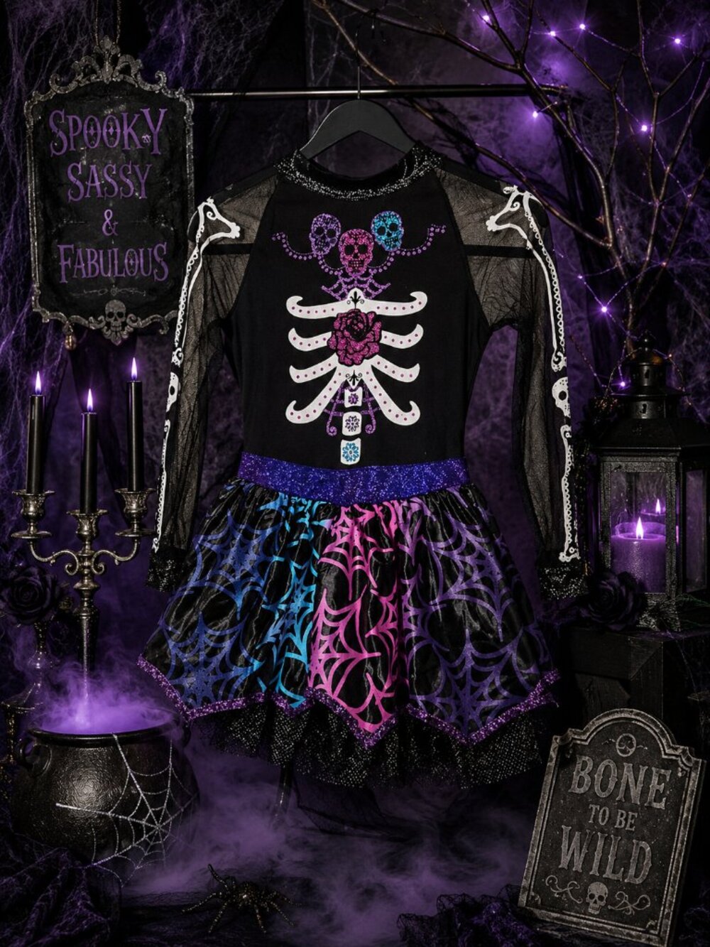 Day of the Dead Halloween Costume Girls Size Medium 8-10 with Mask